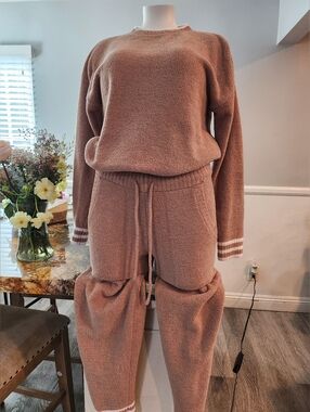 Cozy Plush Drawstring Joggers & Sweatshirt Set - Dusty Rose